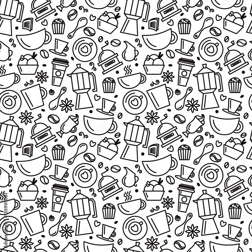 Seamless pattern for coffee theme. Line art draw icons.Vector illustration