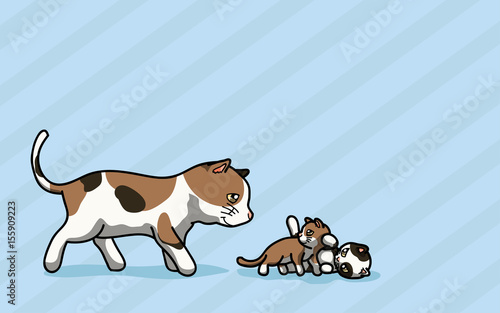 Vector illustration Cat and two Kitty are playing cartoon style. 