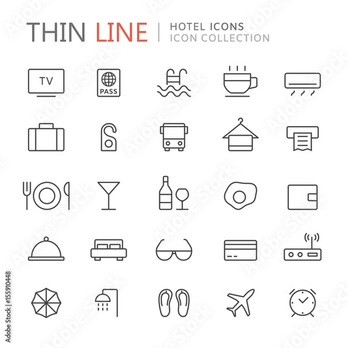 Collection of hotel and travel thin line icons
