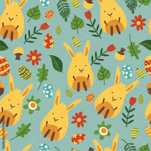 Seamless pattern for easter theme with cute cartoon bunny and flowers eggs and foliage. Vector illustration