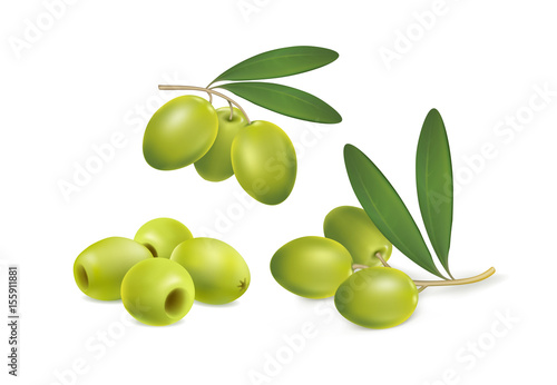 set of green olives on white background