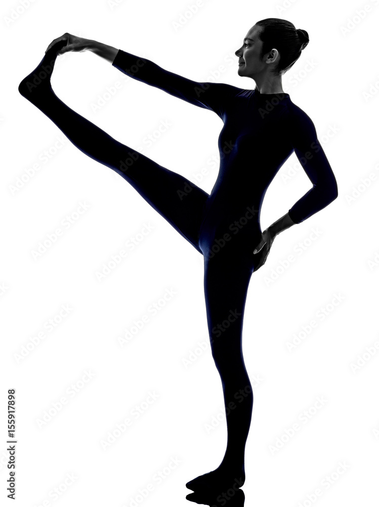 woman exercising Hasta Padangusthasana hand to big toe pose yoga silhouette shadow white background
