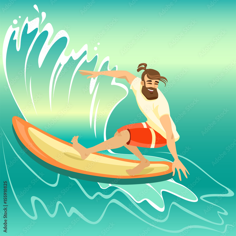 Illustration of surfing character. Boy riding on ocean wave. 