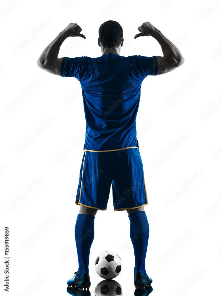 Fototapeta premium one caucasian soccer player man standing Rear View pointing in silhouette isolated on white background