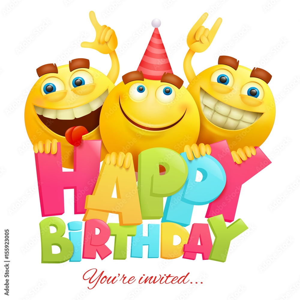 Happy birthday invitation card template with three emoji characters Happy birthday invitation card template with three emoji characters