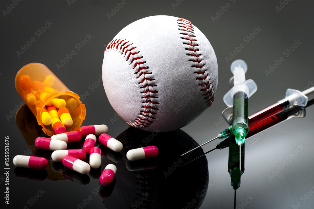 Doping in sports and steroid abuse concept with a baseball, a bottle of  prescription pills and syringes with green and red liquid on a dark  background Stock Photo | Adobe Stock