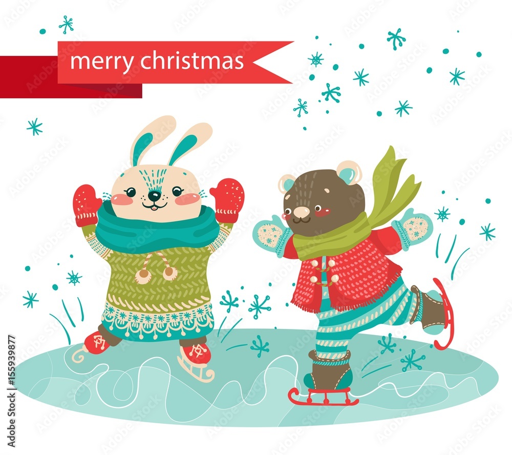 Background with rabbit and bear skating on blue ice, vector Background with rabbit and bear skating on blue ice, vector