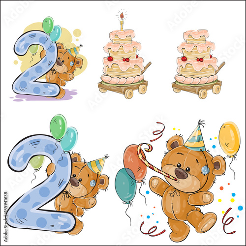Set of vector illustrations with brown teddy bear  birthday cake and number 2  prints  templates  design elements for greeting cards  invitation cards  postcards