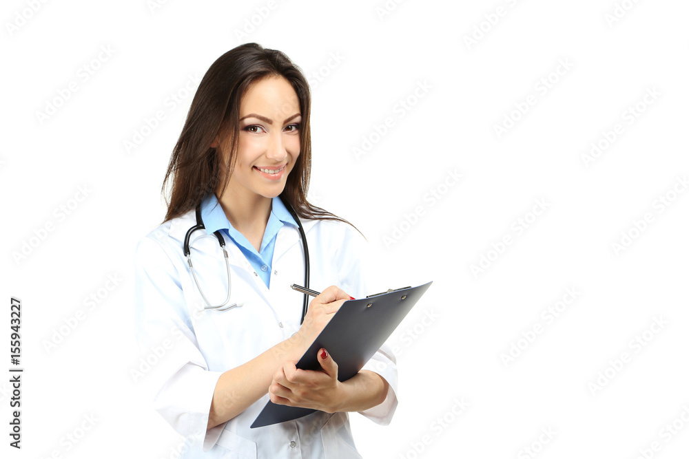Portrait of young medical doctor with clipboard on a white background Portrait of young medical doctor with clipboard on a white background