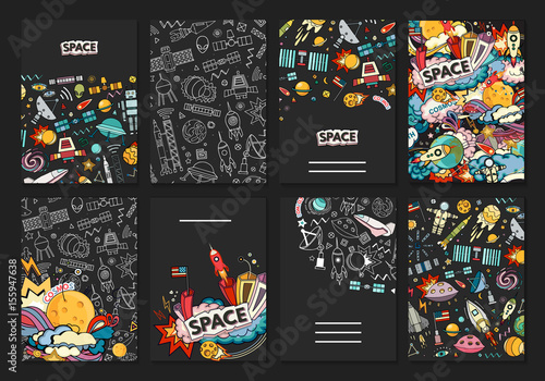  ards vector template illustration of space. Moon, planet, rocket, earth, cosmonaut, comet universe Classification milky way osmos
