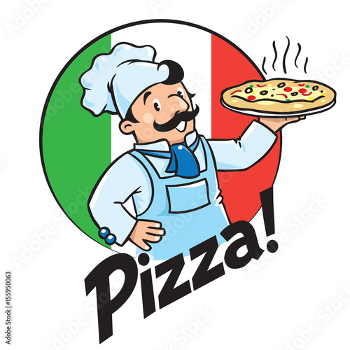 Emblem of funny cook or baker with pizza and logo