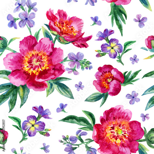 Seamless watercolor pattern of peonies and gillyflowers on a white background.
