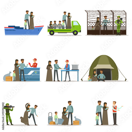 Stateless refugees set. Illigal immigrants and war victims vector illustrations