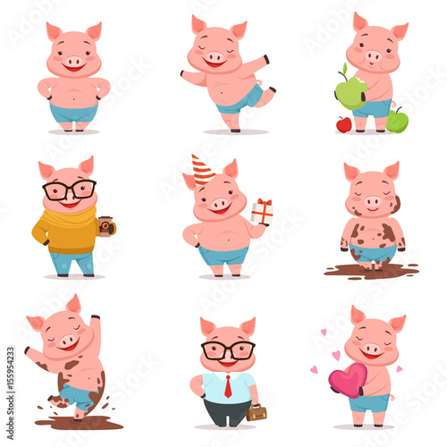 Little cartoon pigs characters posing in different situations set of vector illustrations