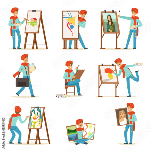 Happy smiling artist painting on canvas set. Talented painter colorful character vector illustrations