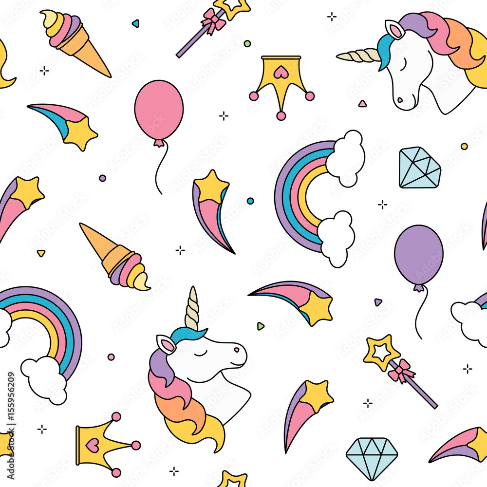 Unicorn and rainbow seamless pattern isolated on white background