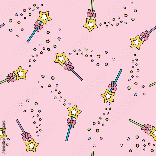 Magic wand seamless pattern with magic sparkles pink pastel background