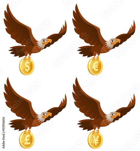 The flying eagle holds coin. Dollar, euro, yen, pound sterling. Cartoon styled vector illustration. Isolated on white