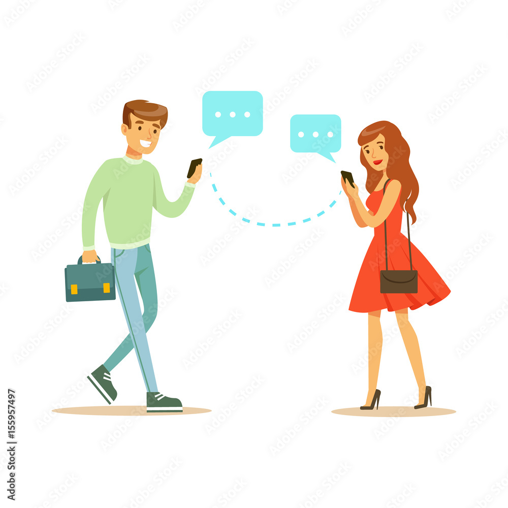 Young man and woman communicatitng with their mobile phones colorful character vector Illustration