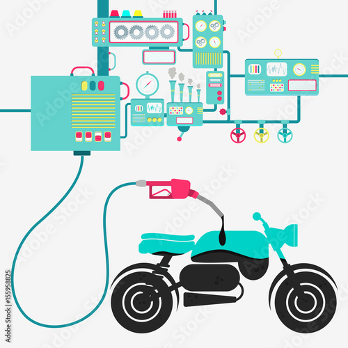 Machinery of factory refining oil and refueling a Motorcycle. Motorcycle shape being filled by a oil with gas pump.
