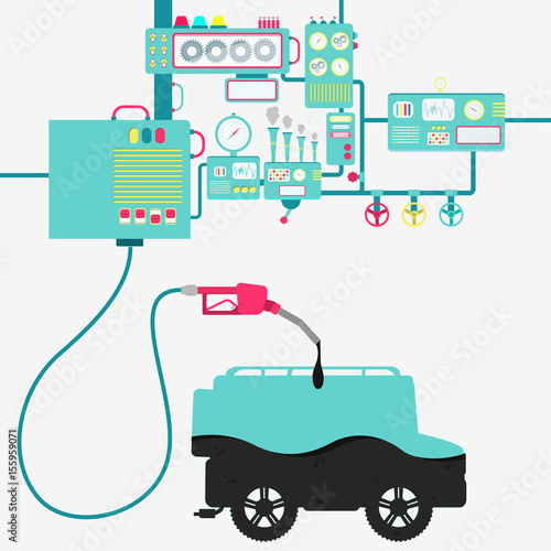 Machinery of factory refining oil and refueling a off road car. Car shape being filled by a oil with gas pump.