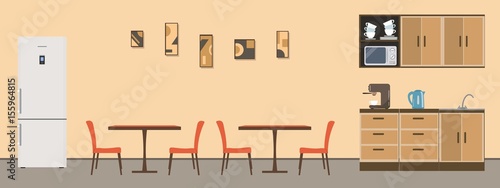 Dining room in the office. There are tables, orange chairs, kitchen cabinets, a fridge, a microwave, a kettle and a coffee machine in the image. There is a pictures on the wall. Vector illustration.