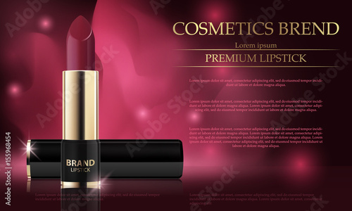 Fashion cosmetic lipstick ads with red background and golden powder elements in 3d illustration. Banner graceful cosmetic ads, illustration. Hydrating facial lipstick for annual sale or festival sale.