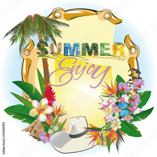 Summer background with a palm and flowers. Summer lettering with animal textures.