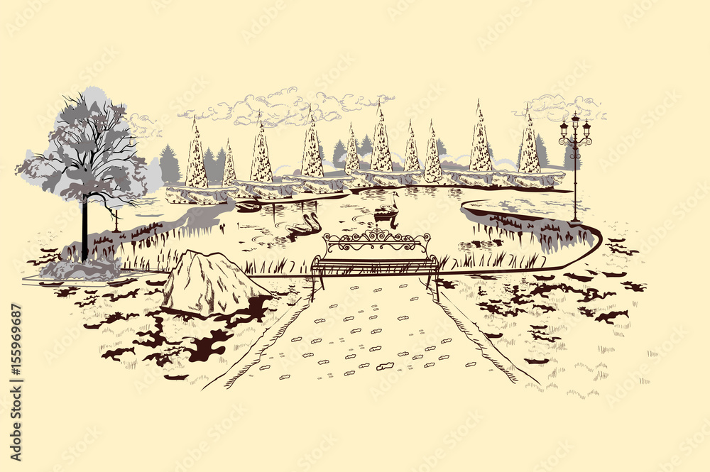 Series of park landscapes views with threes. Footpath in the middle of ...