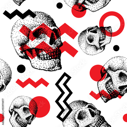 Hand made human skull bone cranium face retro grunge vintage seamless pattern backound