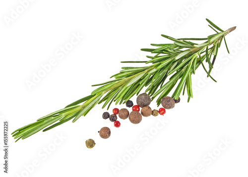 Rosemary and peppercorns isolated on a white background