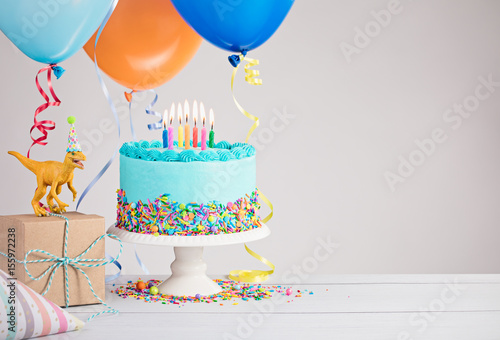 Blue Birthday Cake with Balloons