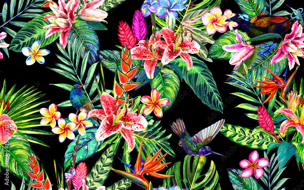 Plakat Bezszwowy tropikalny kwiecisty wzór. Ręcznie malowane akwarela egzotyczne liście, kwiaty i ptaki, na czarnym tle. Projekt tekstylny.