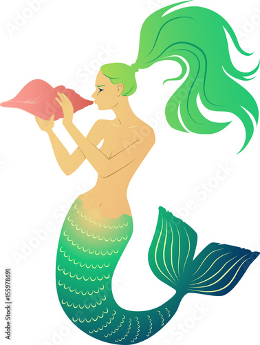 Mermaid blowing conch shell horn, EPS 8 vector illustration, no transparencies, no mesh