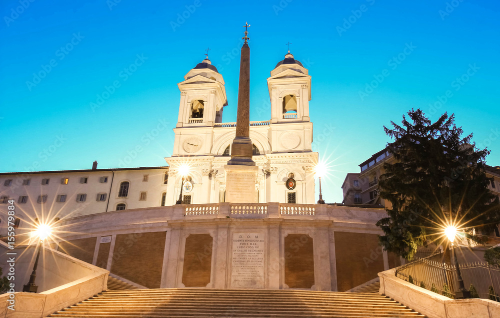 The church of Trinita dei Monti and Spanish steps at night, Rome, Italy.