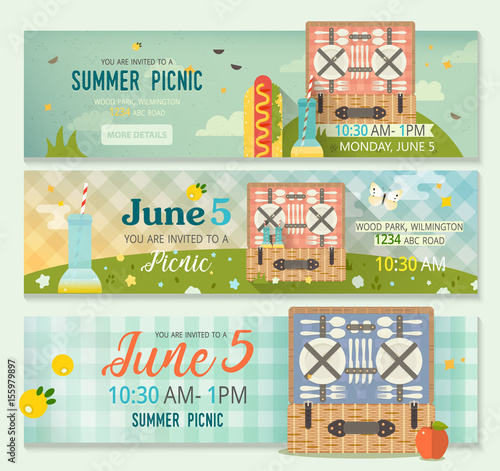 Vector summer collection of family picnic banner. Horizontal banners set of picnic glade.