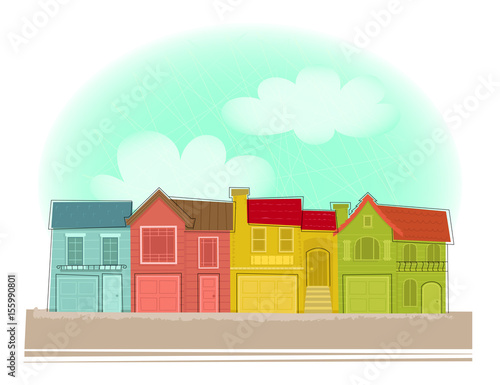 Row of Houses - Clip art of colorful row houses under blue sky. Eps10