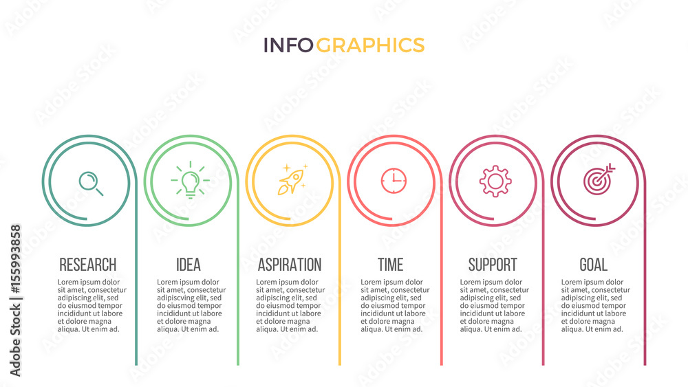 Business infographics. Timeline with 6 steps, options. Thin line vector template. Business infographics. Timeline with 6 steps, options. Thin line vector template.