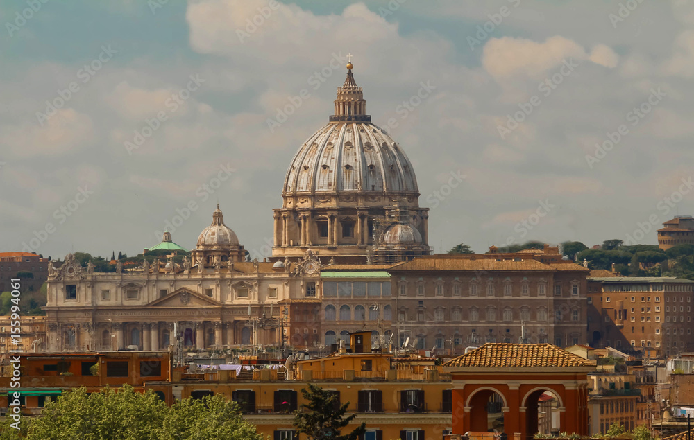 Panoramic cityscape and Saint Peter`s Basilica , Rome, Italy.