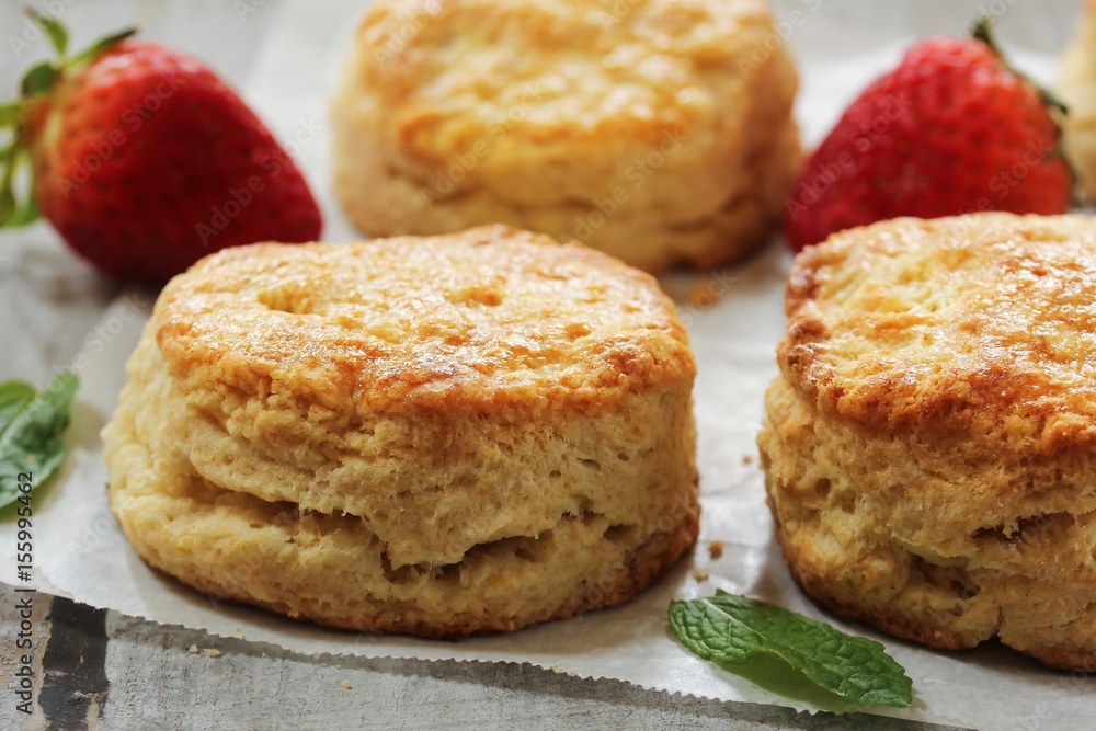 Homemade fluffy sour cream biscuits, selective focus