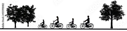 Cycling family  cyclists  trees  silhouette isolated on white background