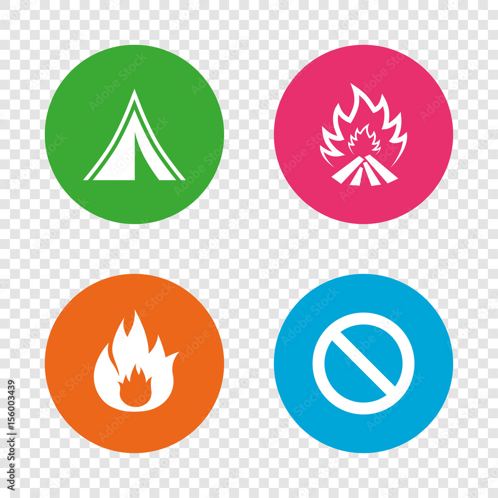 Tourist camping tent sign. Fire flame icons. Tourist camping tent sign. Fire flame icons.