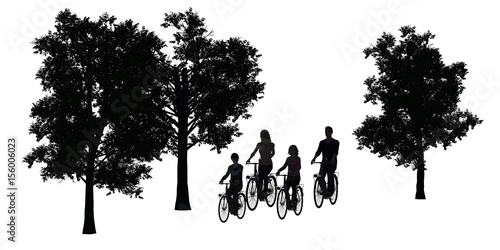 Cycling family  cyclists  trees  silhouette isolated on white background
