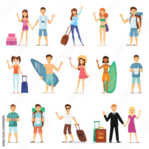 People and couples travelling, surfing, leisure, hiking. Character design. Flat design vector.