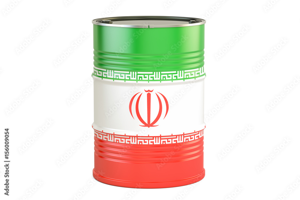 Oil barrel with flag of Iran. Oil production and trade concept, 3D rendering Oil barrel with flag of Iran. Oil production and trade concept, 3D rendering