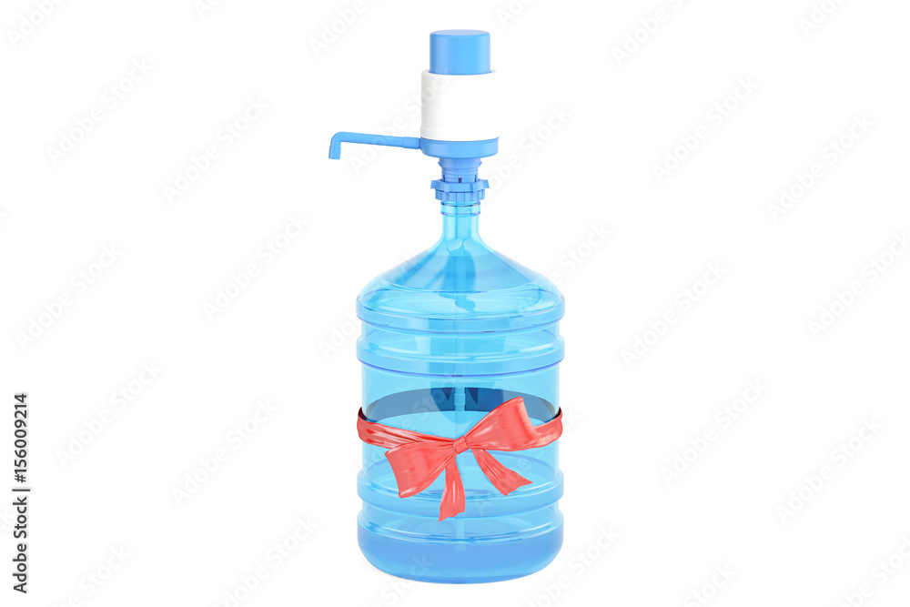 Water bottle with pump dispenser and with red bow, gift concept. 3D rendering Water bottle with pump dispenser and with red bow, gift concept. 3D rendering