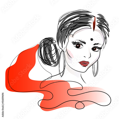 Indian woman. Beautiful attractive indian woman in a red sari. Beauty with brown eyes. Vector drawing.