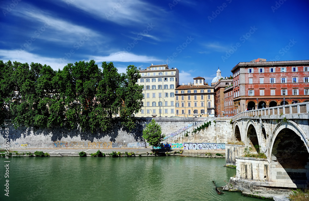 Ponte Garibaldi bridge and Rome cityscape, Lazio, Italy