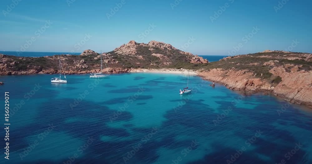 Aerial video of a paradisiac beach, Mortorio island, Sardinia, Emerald Coast, Italy