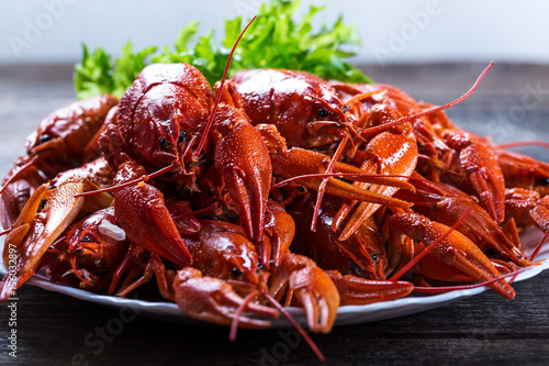 Plate of tasty boiled crayfish